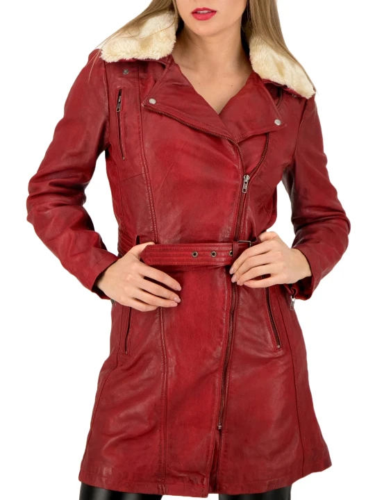 Sheepskin Red Leather Coat Women