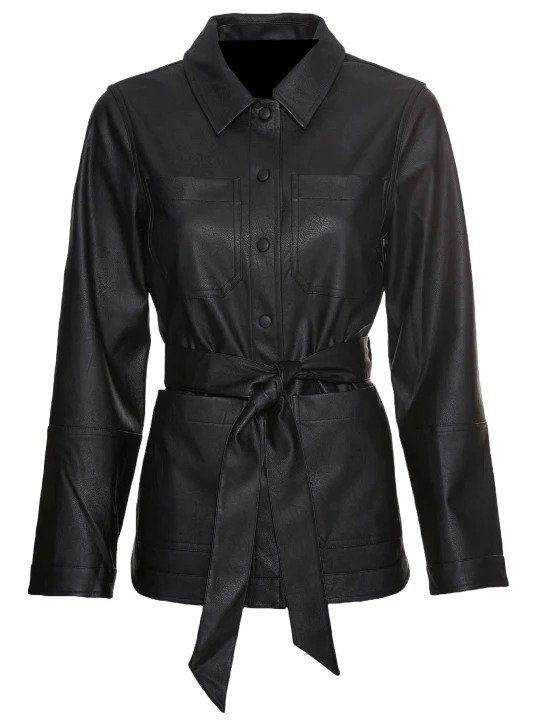 Short Black Belted Leather Coat
