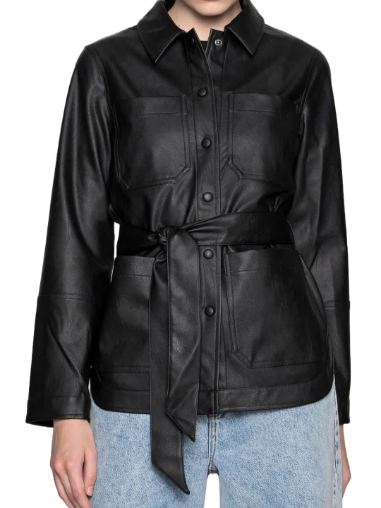 Short Black Belted Leather Coat