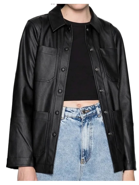 Short Black Belted Leather Coat