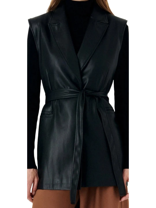 Sleeveless Black Belt Leather Coat