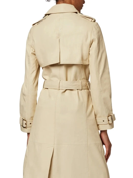 Slim Fit Beige Leather Trench Coat