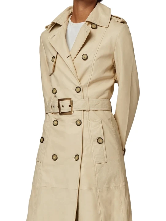 Slim Fit Beige Leather Trench Coat