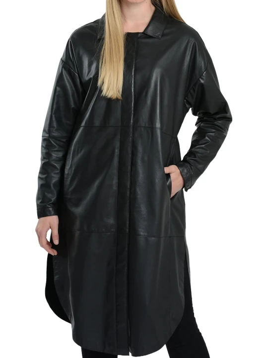 Snap Buttons Black Leather Coat