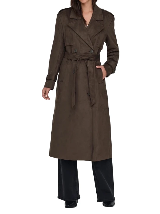 Storm Flap Brown Suede Leather Long Trench Coat