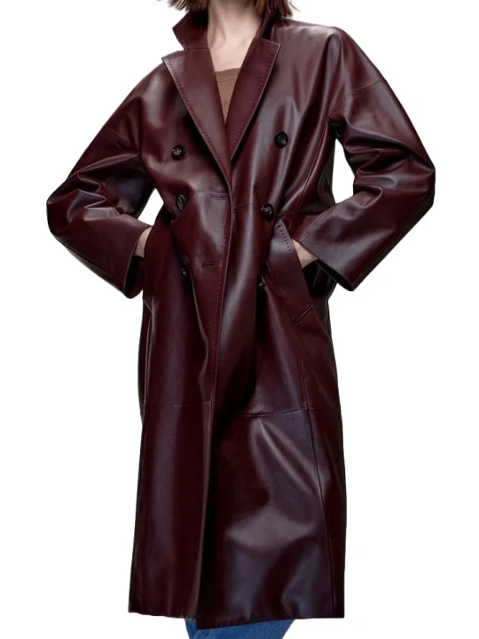 Women Edgy Burgundy Long Leather Trench Coat
