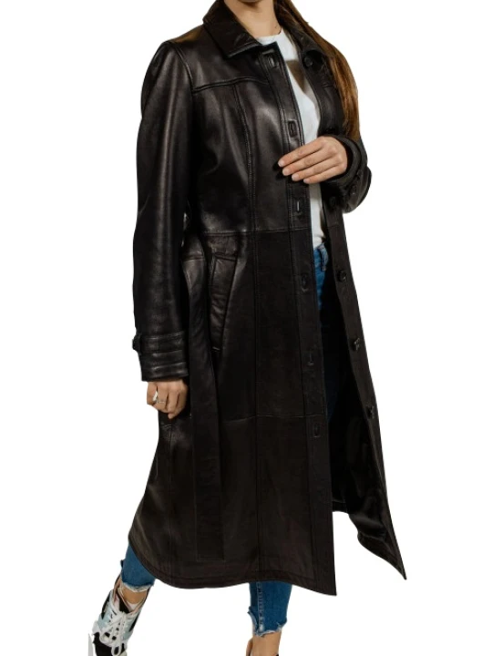 Women Edgy Real Sheepskin Black Leather Long Trench Coat
