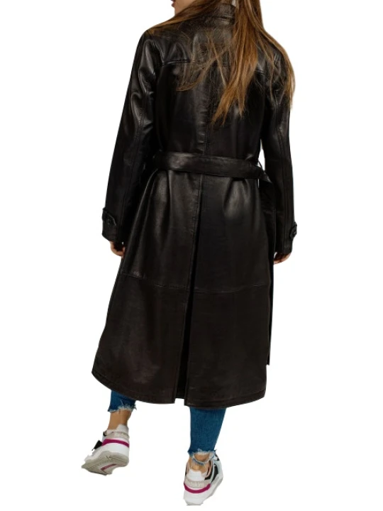 Women Edgy Real Sheepskin Black Leather Long Trench Coat