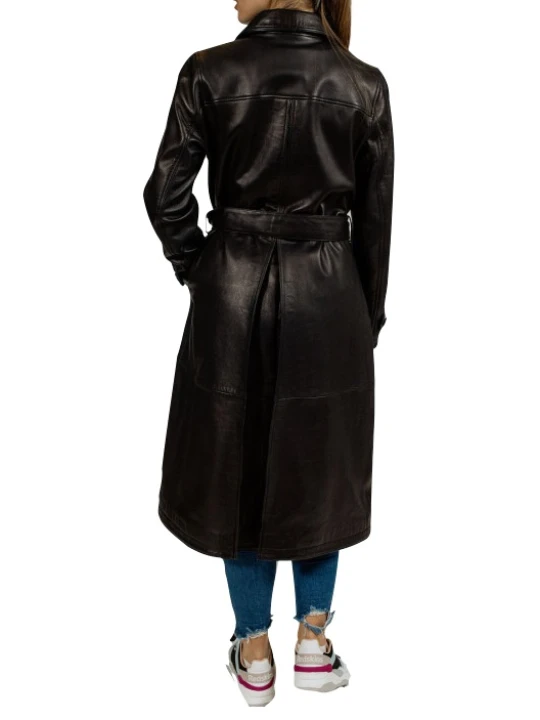 Women Edgy Real Sheepskin Black Leather Long Trench Coat