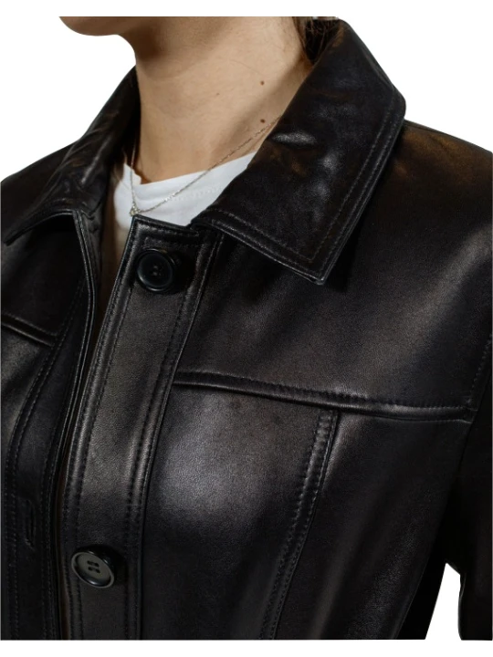 Women Edgy Real Sheepskin Black Leather Long Trench Coat