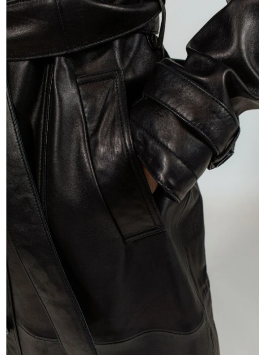 Women Edgy Real Sheepskin Black Leather Long Trench Coat