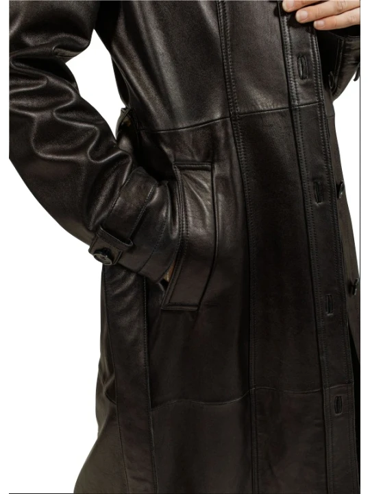 Women Edgy Real Sheepskin Black Leather Long Trench Coat