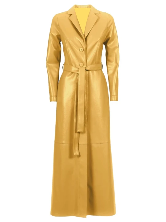 Yellow Single Breasted Belted Leather Coat