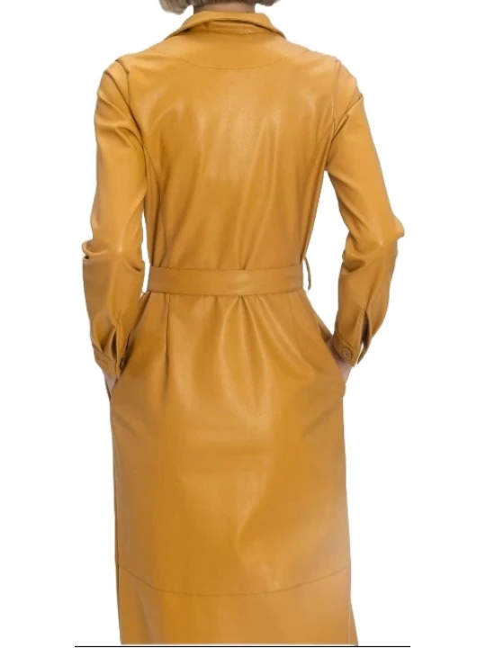 Yellow Single Breasted Belted Leather Coat