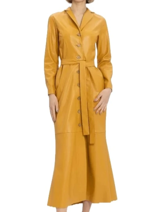 Yellow Single Breasted Belted Leather Coat
