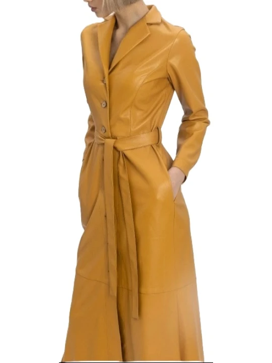 Yellow Single Breasted Belted Leather Coat