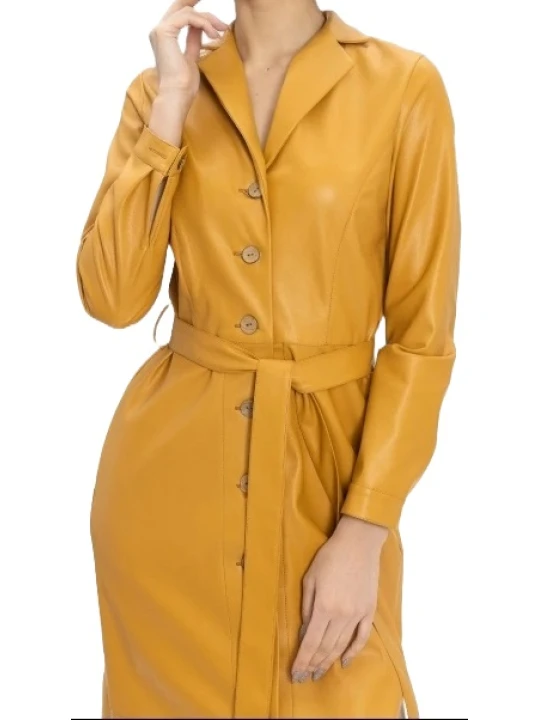 Yellow Single Breasted Belted Leather Coat
