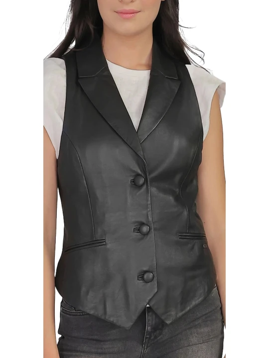 Black Button V Neck Leather Vest