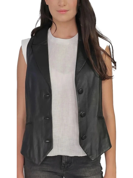 Black Button V Neck Leather Vest