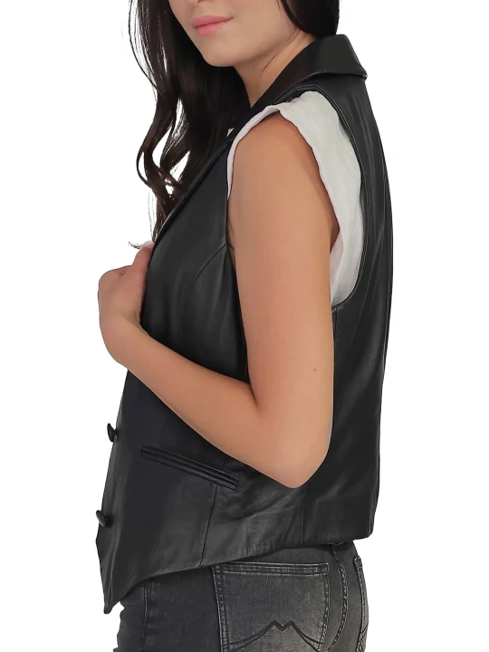 Black Button V Neck Leather Vest