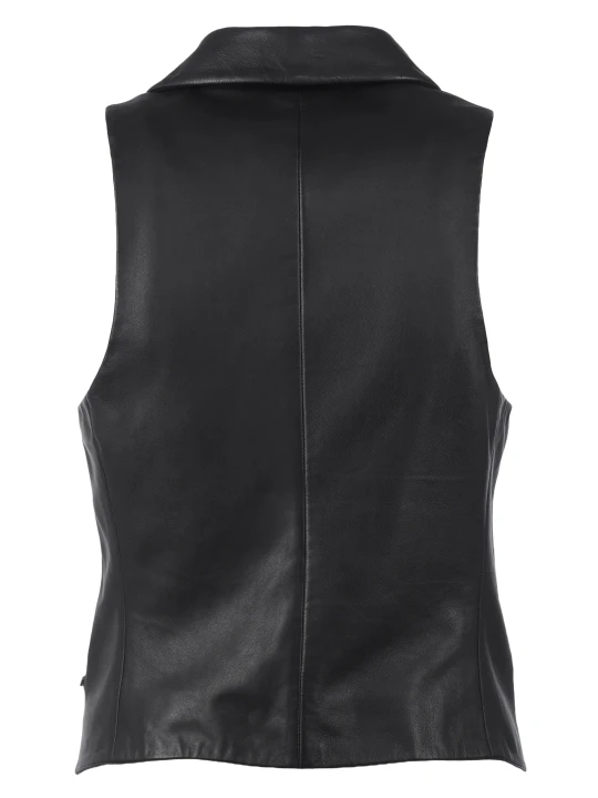Black Button V Neck Leather Vest