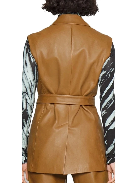 Ladies Sleeveless Brown Long Leather Vest