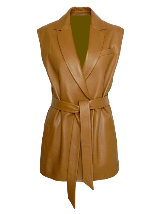 Ladies Sleeveless Brown Long Leather Vest