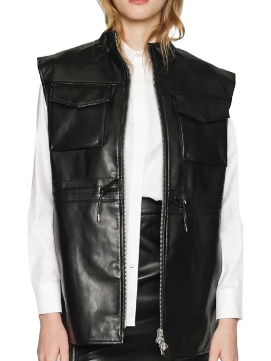 Female Black Zipper Leather Vest