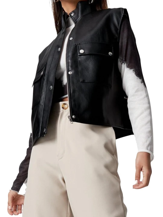 Women Bold Look Real Lambskin Black Leather Sleeveless Vest Jacket