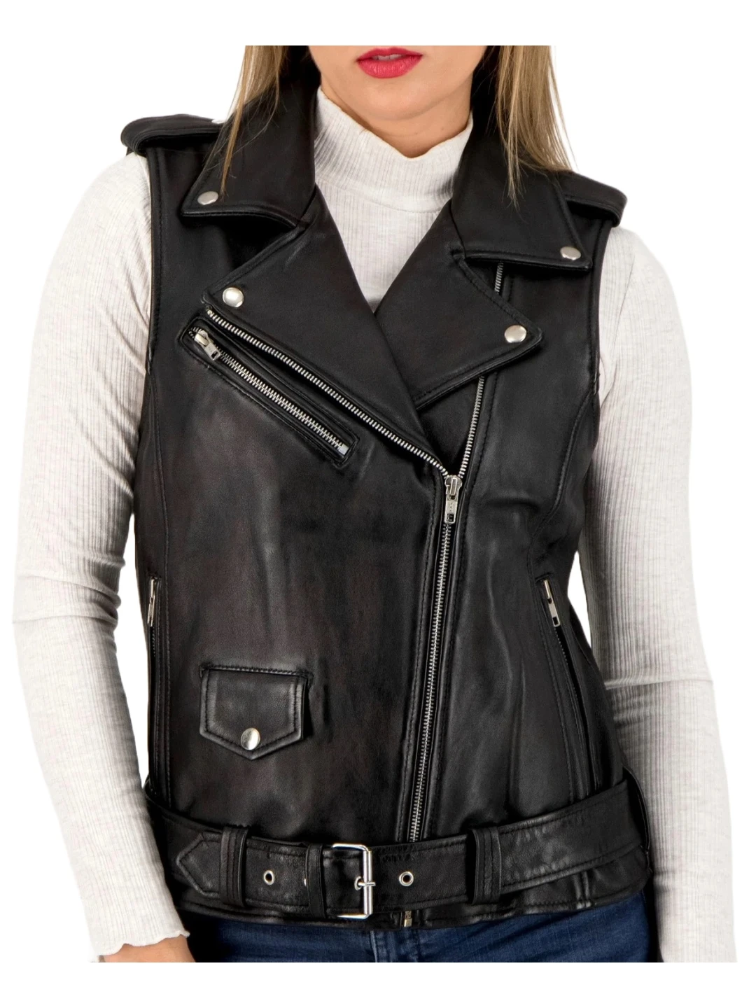 Women Solid Black Leather Vest