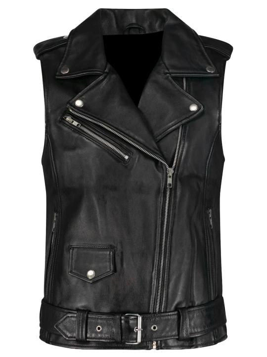 Women Solid Black Leather Vest