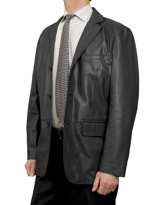 Men 3-button Real Lambskin Black Leather Blazer