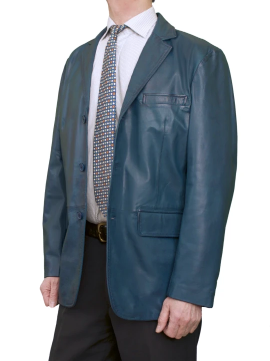 Men 3-button Real Lambskin Blue Leather Blazer