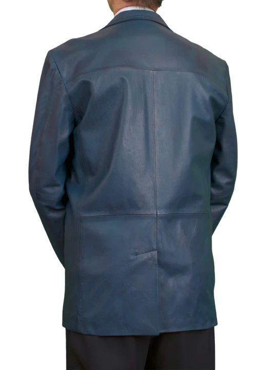 Men 3-button Real Lambskin Blue Leather Blazer