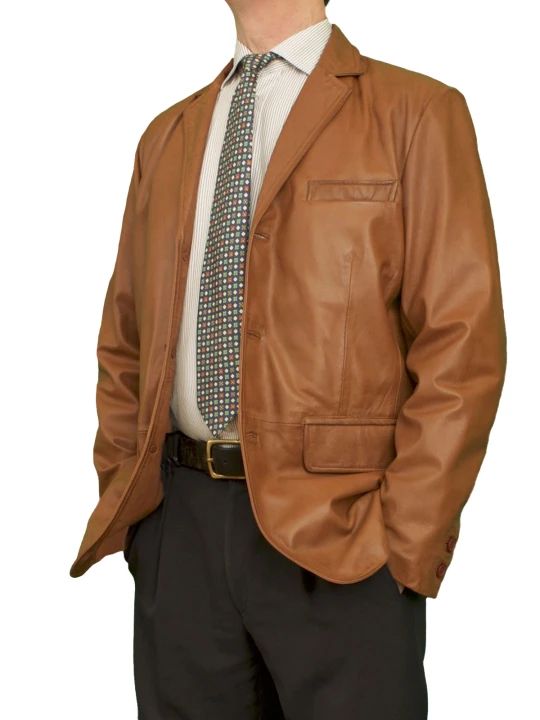 Men 3-button Real Lambskin Tan Leather Blazer