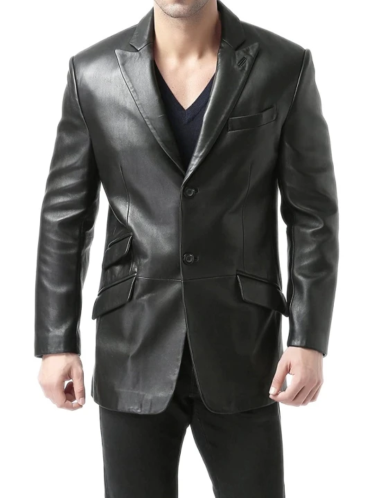 Men Peak Lapel Real Sheepskin Black Leather Blazer