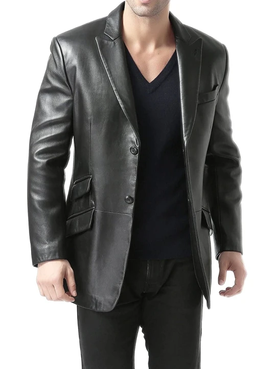 Men Peak Lapel Real Sheepskin Black Leather Blazer Men Peak Lapel Real Sheepskin Black Leather Blazer