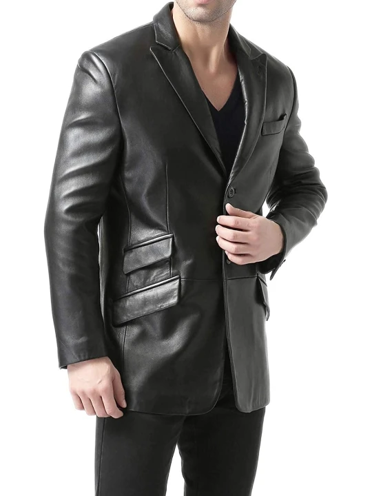 Men Peak Lapel Real Sheepskin Black Leather Blazer Men Peak Lapel Real Sheepskin Black Leather Blazer