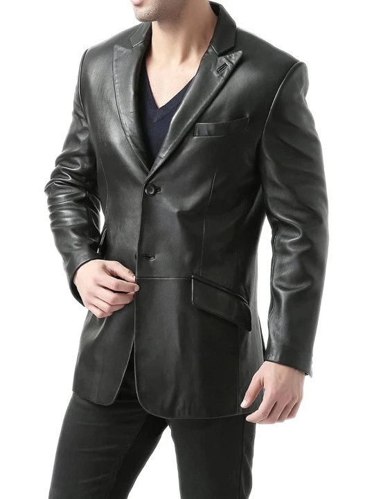 Men Peak Lapel Real Sheepskin Black Leather Blazer Men Peak Lapel Real Sheepskin Black Leather Blazer