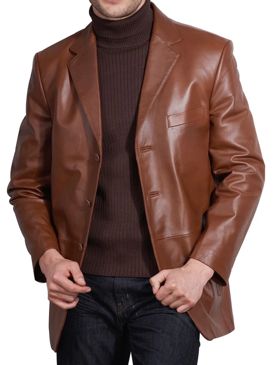 Men Side Pockets Real Lambskin Brown Leather Blazer