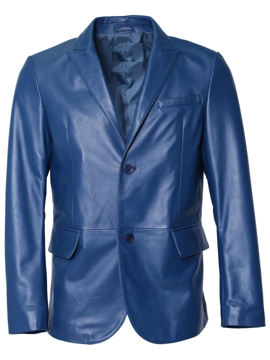 Men Smart Two Button Real Lambskin Blue Leather Blazer