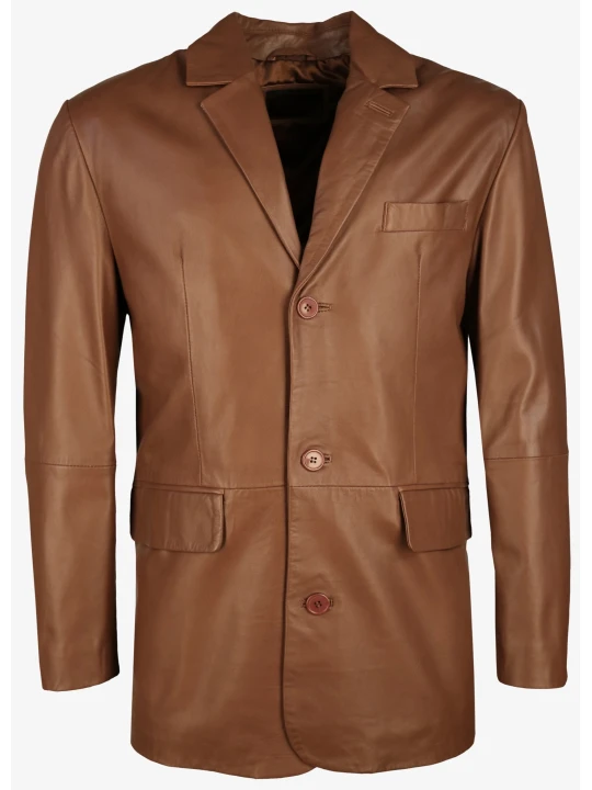 Men Three Buttons Real Lambskin Brown Leather Blazer