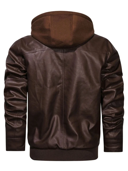 Men Classic Hooded Real Sheepskin Brown Leather Bomber Jacket