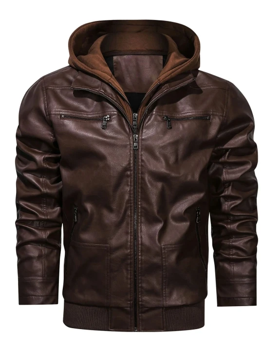 Men Classic Hooded Real Sheepskin Brown Leather Bomber Jacket