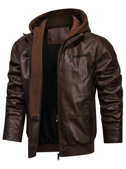 Men Classic Hooded Real Sheepskin Brown Leather Bomber Jacket
