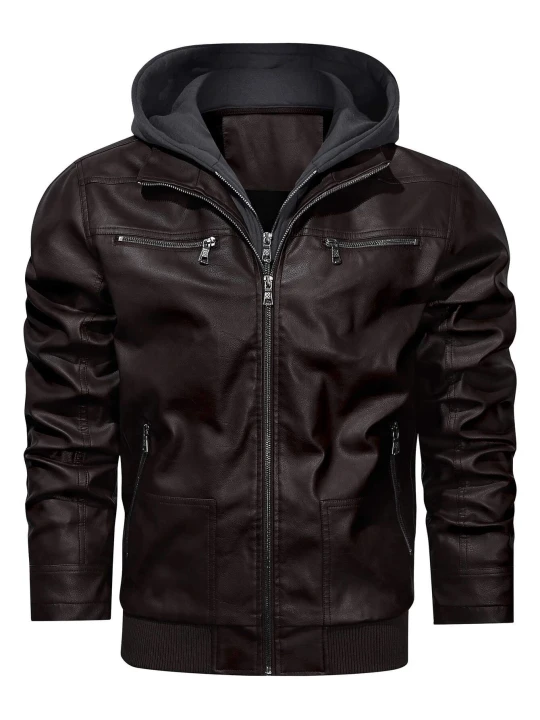 Men Classic Hooded Real Sheepskin Dark Brown Leather Bomber Jacket