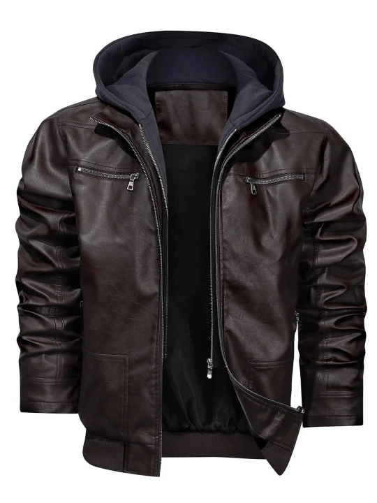 Men Classic Hooded Real Sheepskin Dark Brown Leather Bomber Jacket
