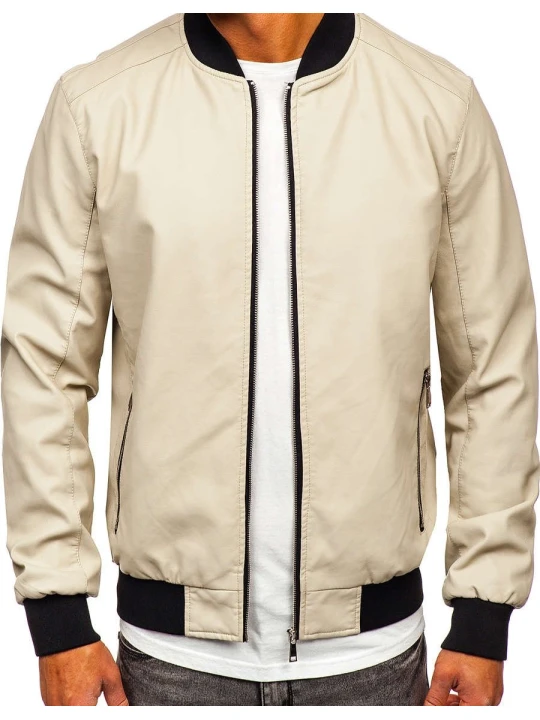 Men Classic Look Real lambskin Beige Leather Bomber Jacket