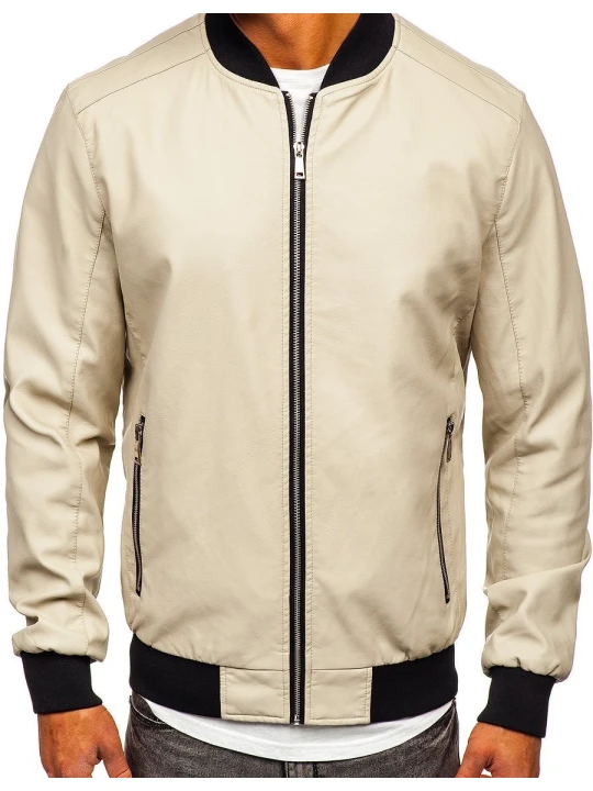 Men Classic Look Real lambskin Beige Leather Bomber Jacket