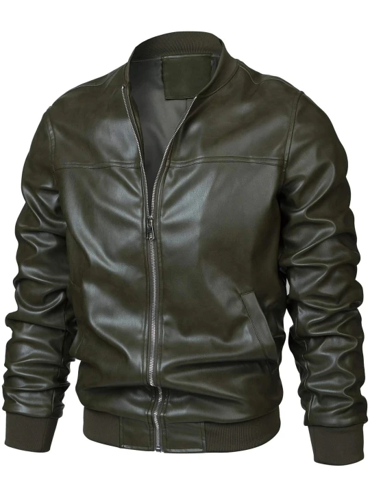 Men Classic Real Sheepskin Olive Green Leather Bomber Jacket